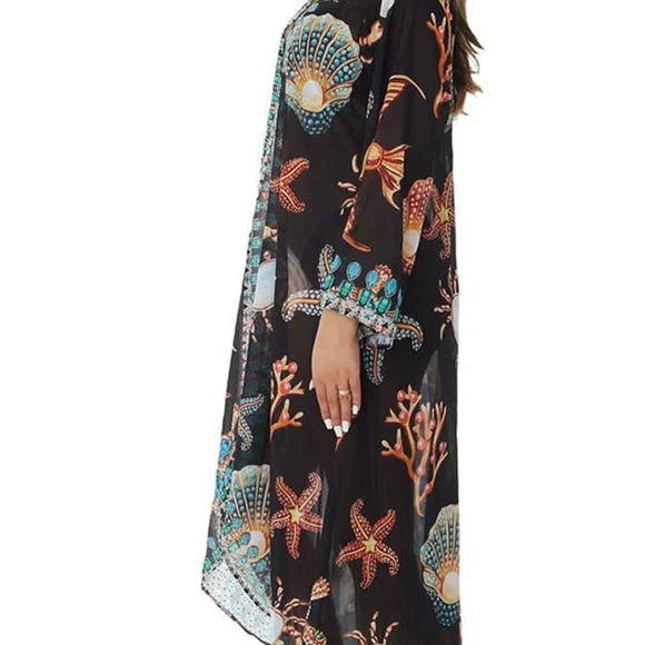 RANEES STARFISH RUFFLE DUSTER IN BLACK; One Size Fits Most,Size:Os P - Picture 11 of 12